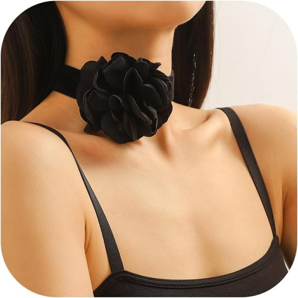🆕 Women Black Flower Choker Necklace Big Rosette Velvet Silk Trendy Jewelry